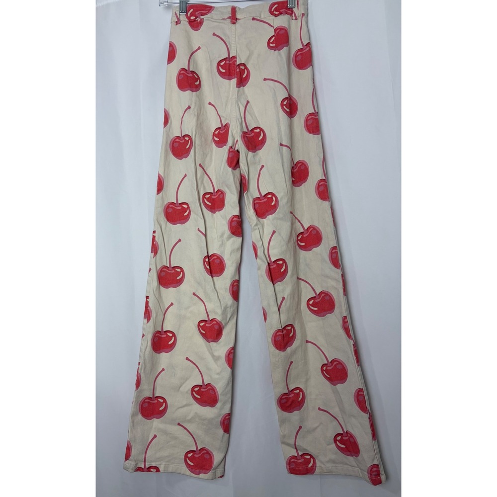 Women's Cream Red Cherry Fruitcore Wide Leg Pants Size S Kidcore Statement - Picture 4 of 9